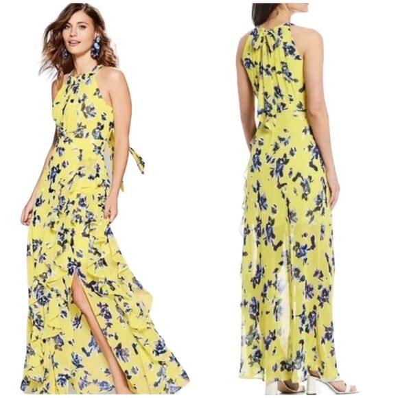 Eliza J NWT Halter Ruffle Maxi Dress 12 Sleeveless Chiffon Gown Yellow Blue - Picture 4 of 4